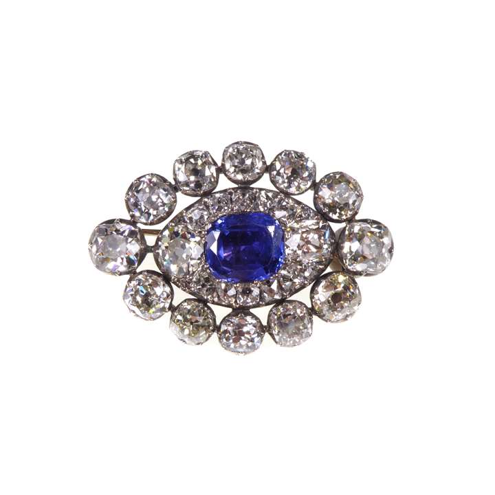 Sapphire and diamond lozenge shaped cluster brooch